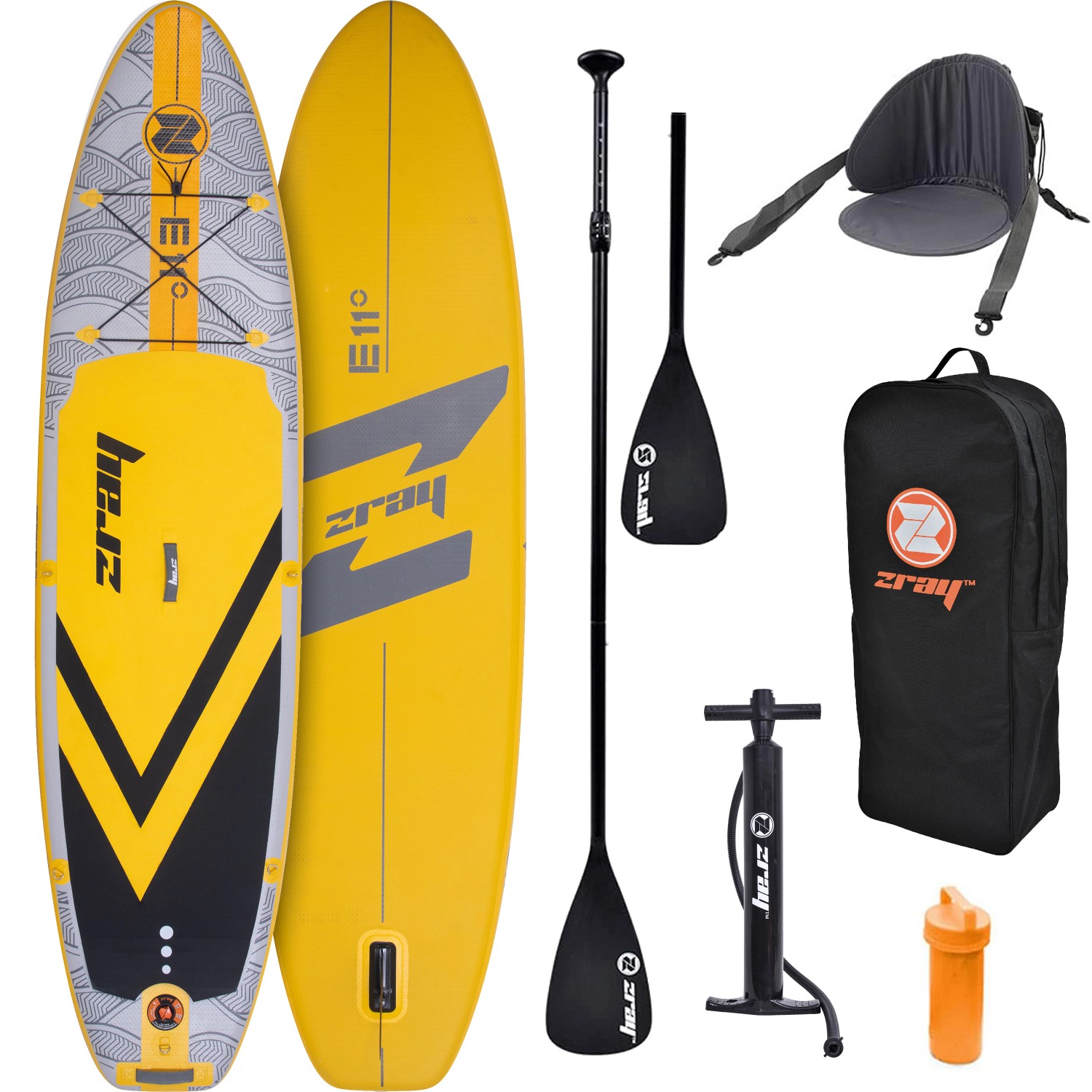 ZRAY Aufblasbares Stand Up Paddle Board E11 Combo Komplettset Gelb 335 x 81 x 13 cm inkl. Kajaksitz und Zubehör