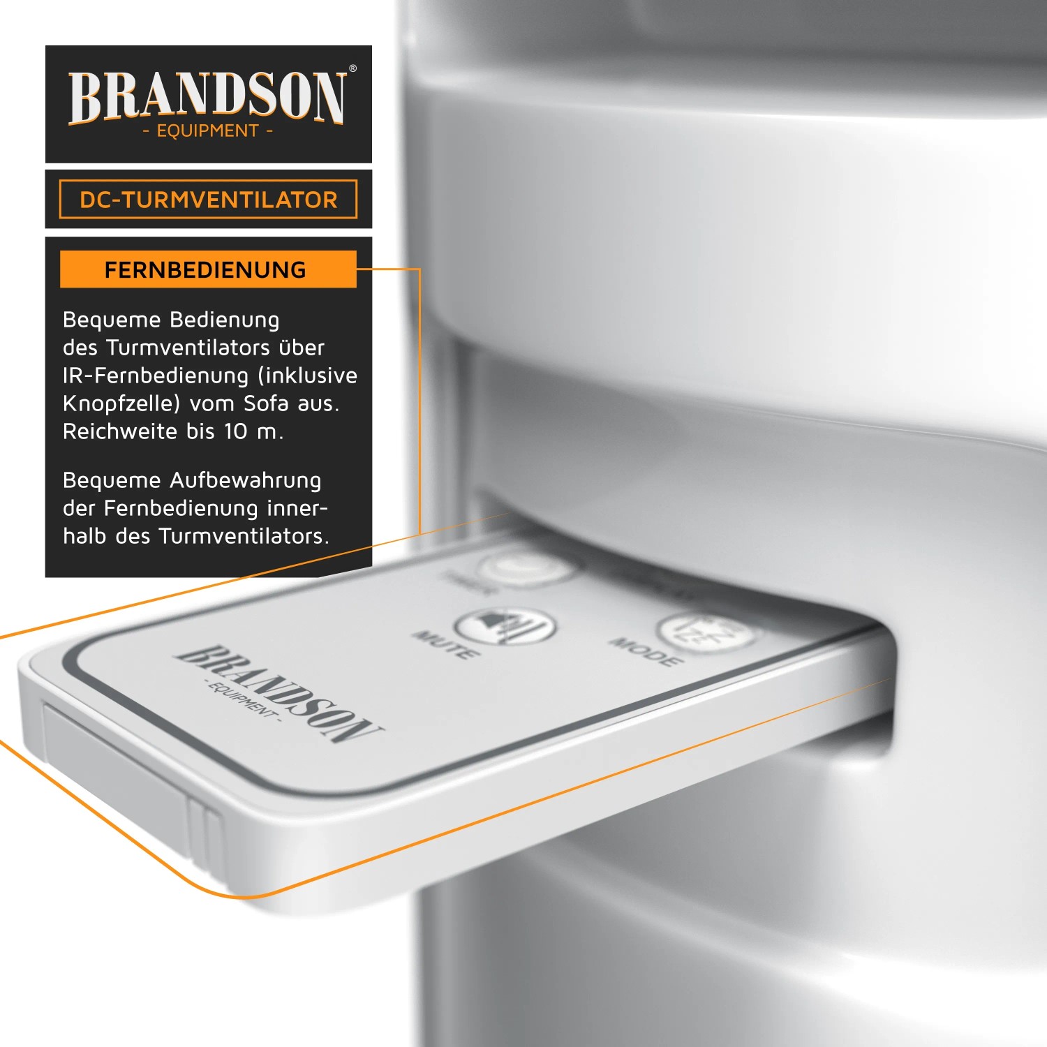 Brandson Turmventilator: Detailaufnahme der Fernbedienung im Aufbewahrungsfach.