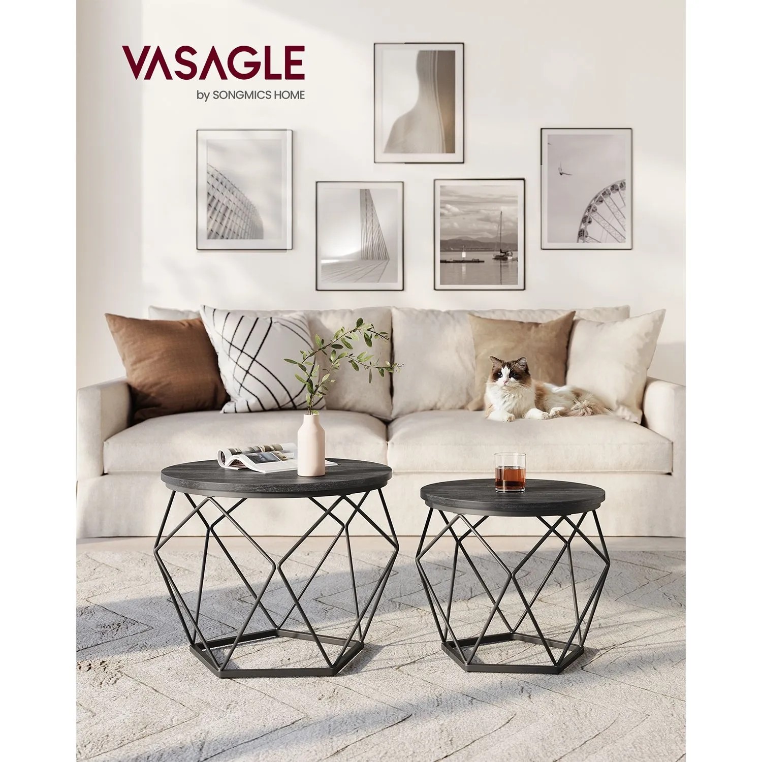 Vasagle Couchtisch 2er Set, runde, schwarze Tische mit geometrischem Stahlgestell im Wohnzimmer.