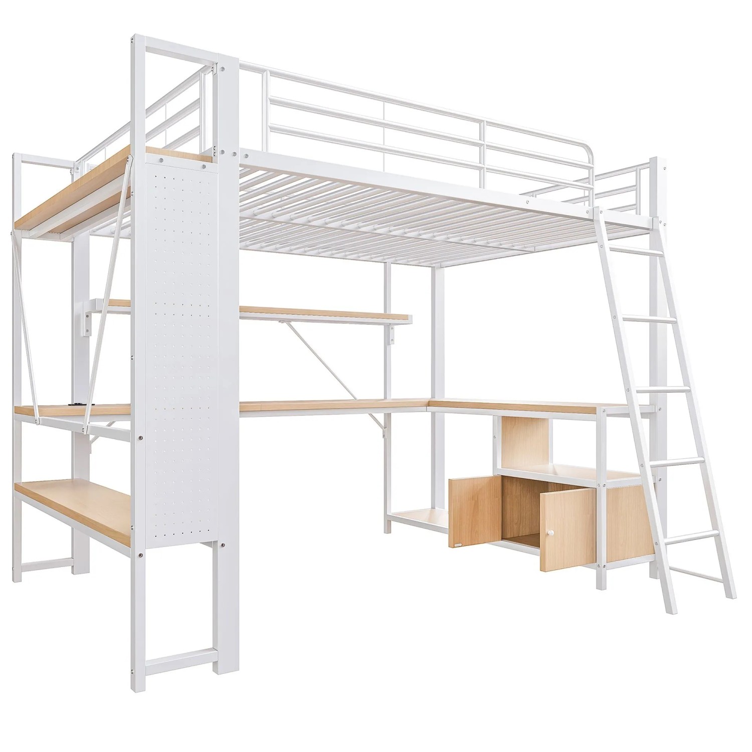 okwish Metall Hochbett 140x200cm mit LED und Lochwand Weiß ohne Matratze