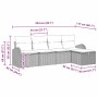 Beiges 5-teiliges Garten-Sofa-Set aus Poly Rattan mit Kissen und Stauraum, Maße eingezeichnet.