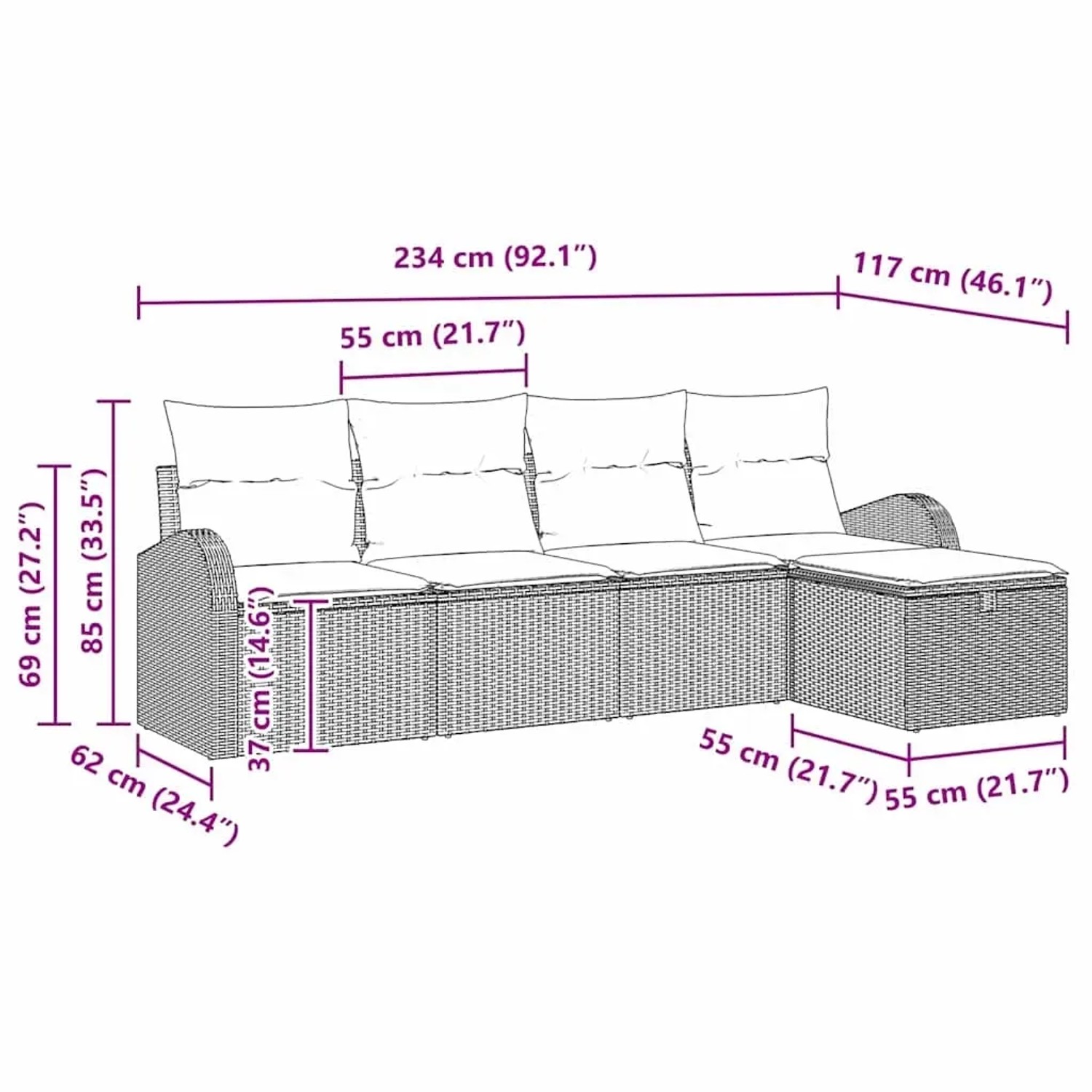 Beiges 5-teiliges Garten-Sofa-Set aus Poly Rattan mit Kissen und Stauraum, Maße eingezeichnet.