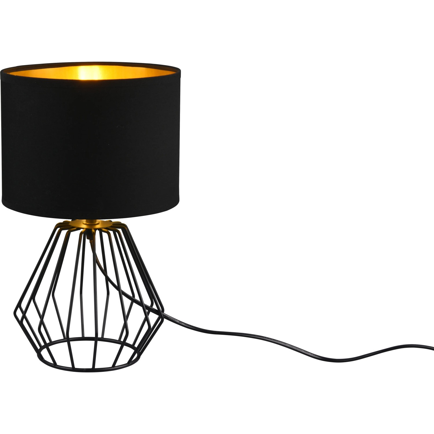 Schwarze Tischleuchte Chuck mit Stoffschirm Schwarz-Gold für Wohn- und Schlafzimmer.