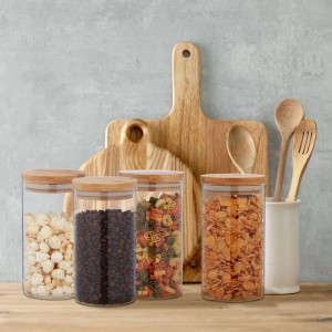 Relaxdays Vorratsgläser mit Deckel 4er Set Glas Bambus Transparent Natur Luftdicht 1000 ml 18 cm x 10 cm 0,3 kg