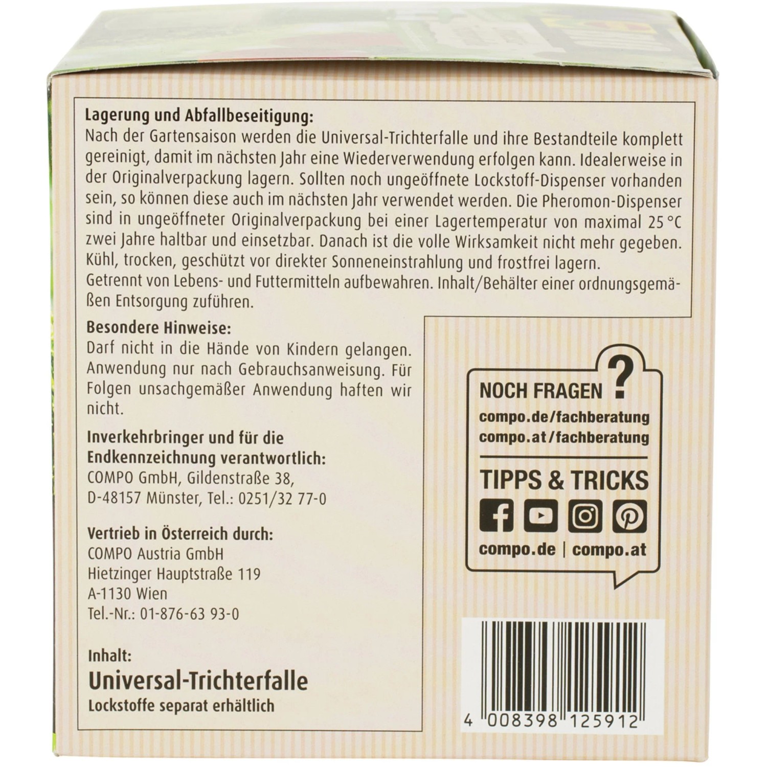 Verpackung der Compo BIO Universal-Trichterfalle, zur Schädlingsbekämpfung im Garten.