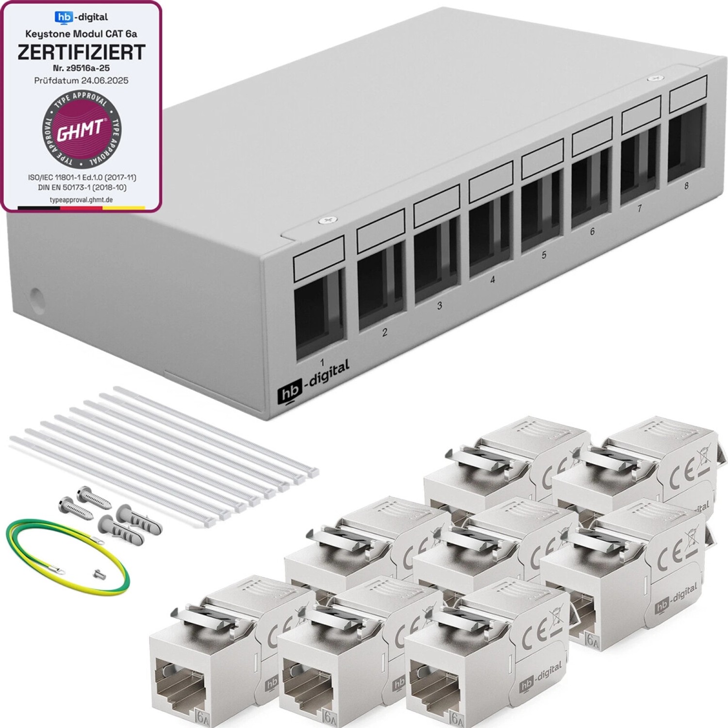 hb-digital Patchpanel 8 Port mit 8x Keystone Module Cat 6a Hellgrau