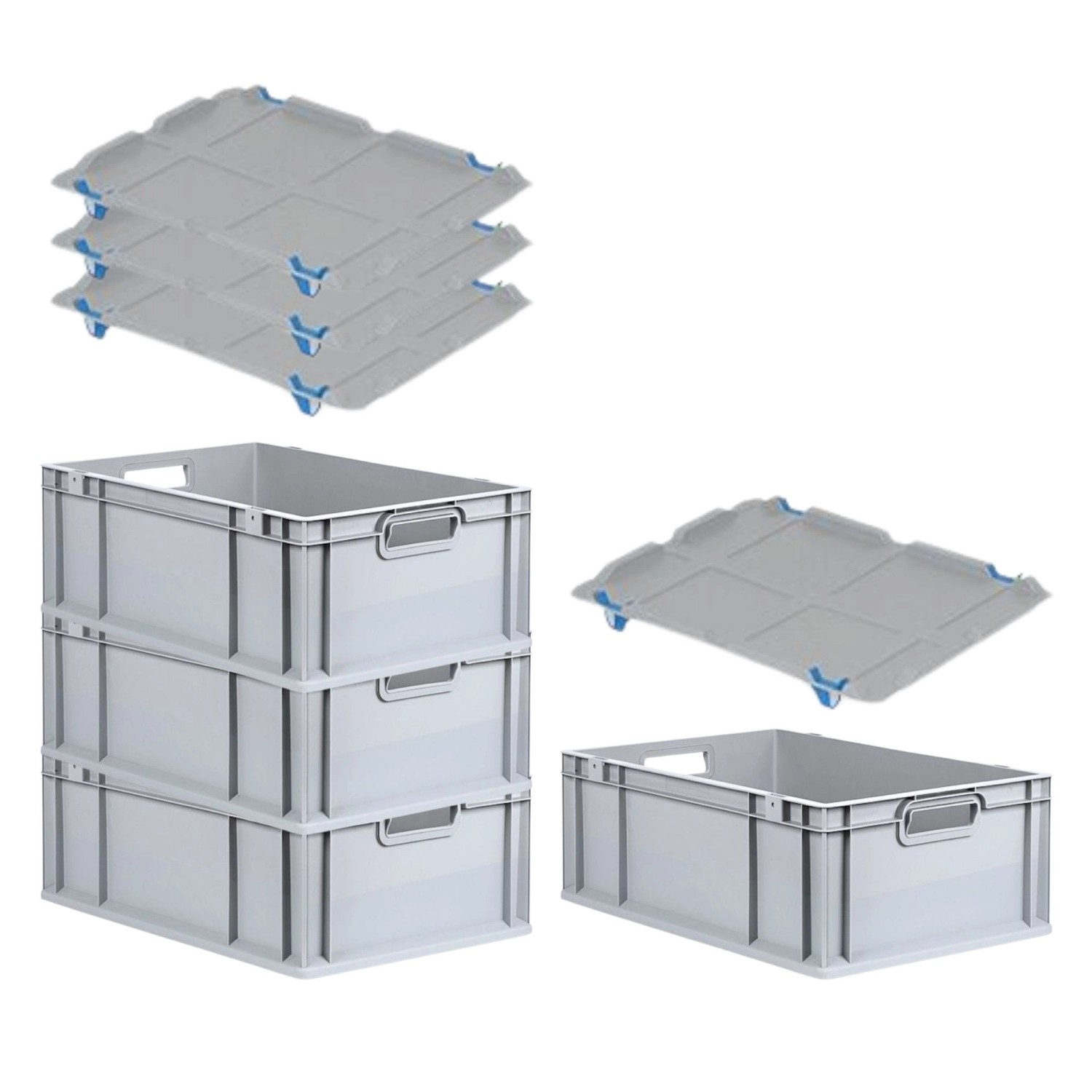PROREGAL SuperSparSet 4x Eurobox NextGen Grip mit Auflagedeckel mit 4 Blauen Schiebeschnappverschlüssen HxBxT 22 x 40 x ...