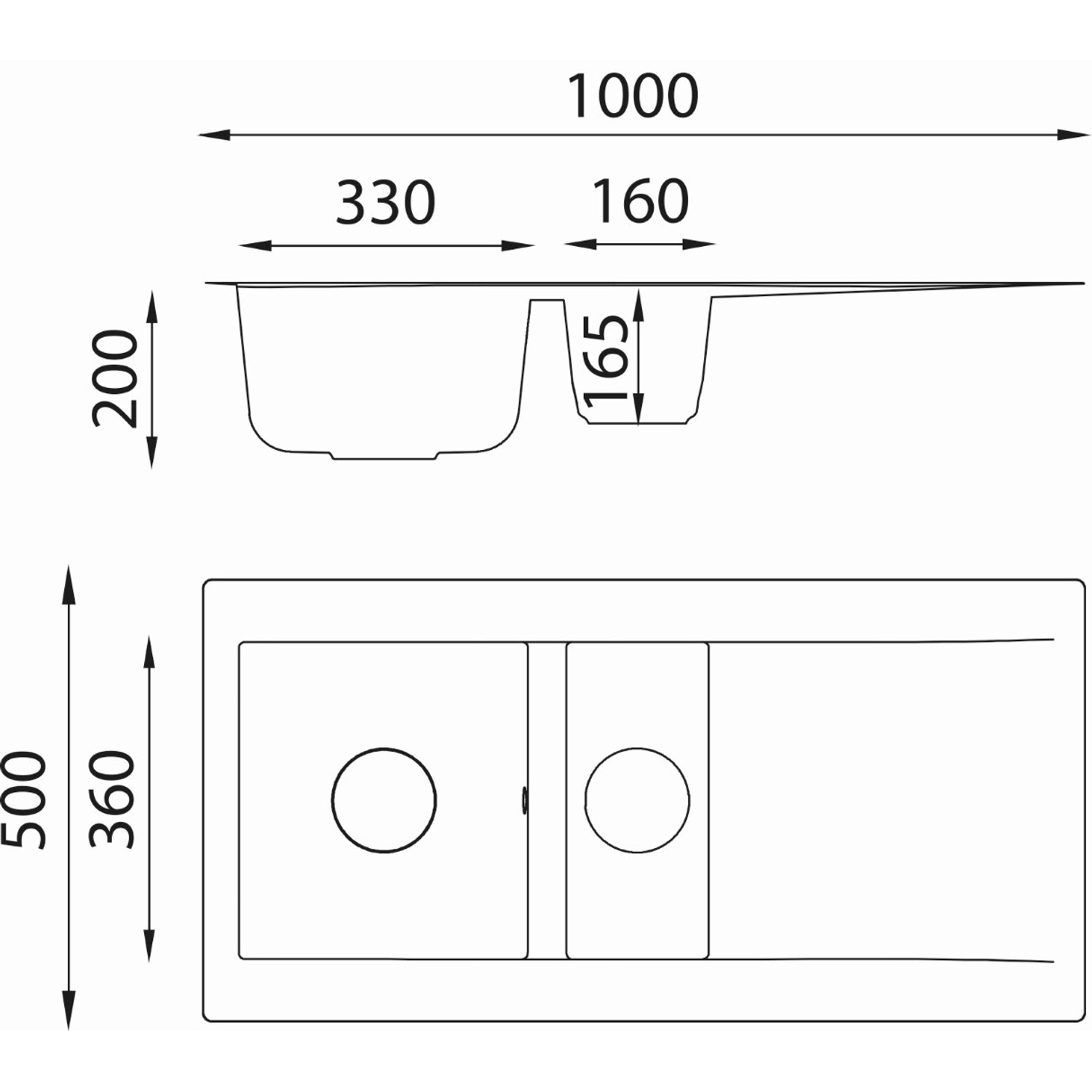Technische Zeichnung: Respekta Mineralite Einbauspüle Denver, 100x50 cm, schwarze Granitspüle mit zwei Becken.