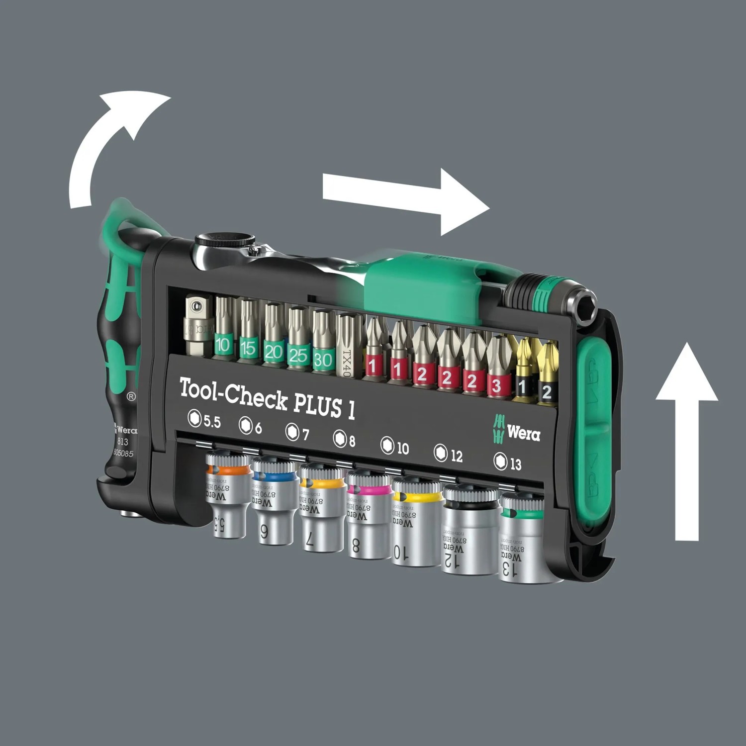 Wera Tool-Check Combi 1 Werkzeugset, 40-teilig, offen mit Bits, Nüssen und Ratsche in kompakter schwarzer Box.