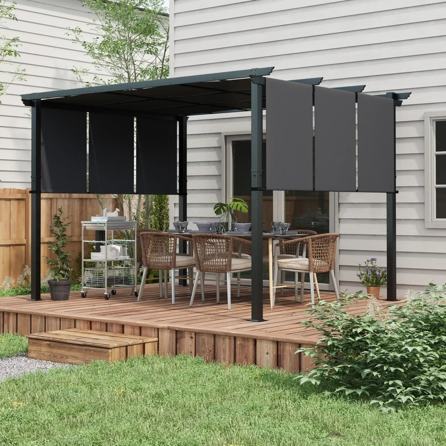 Outsunny Pergola aus Stahl mit dunklem Polyesterstoff, flexibler Sonnenschutz für Terrasse und Garten.
