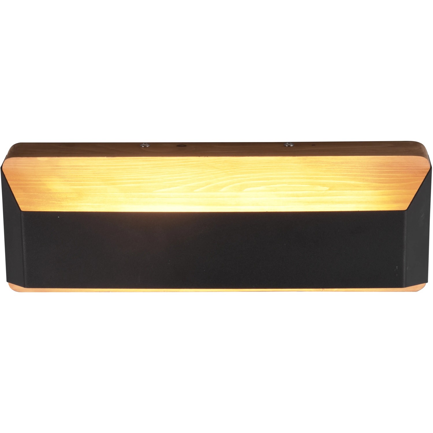 Moderne LED-Wandleuchte Arino in Schwarz matt und Holzoptik, warmweißes Licht.