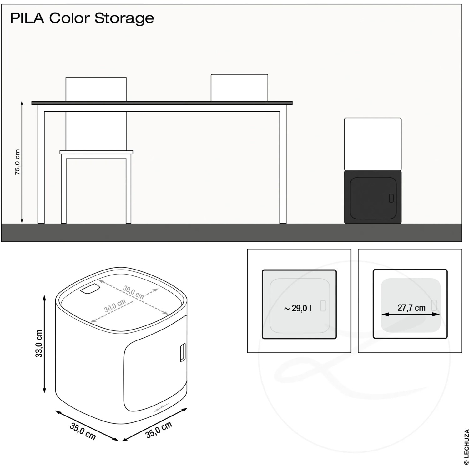 Lechuza Pila Color Storage, sandbraun, 35x35x33cm, Zubehör für Pflanztöpfe, mit Maßen und Füllvolumen.