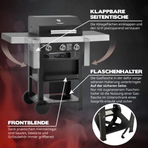 Taino Wabaya 3+0 Gasgrill schwarz matt mit 3 Brennern, klappbaren Seitentischen, Gasflaschenhalterung und Ablage.