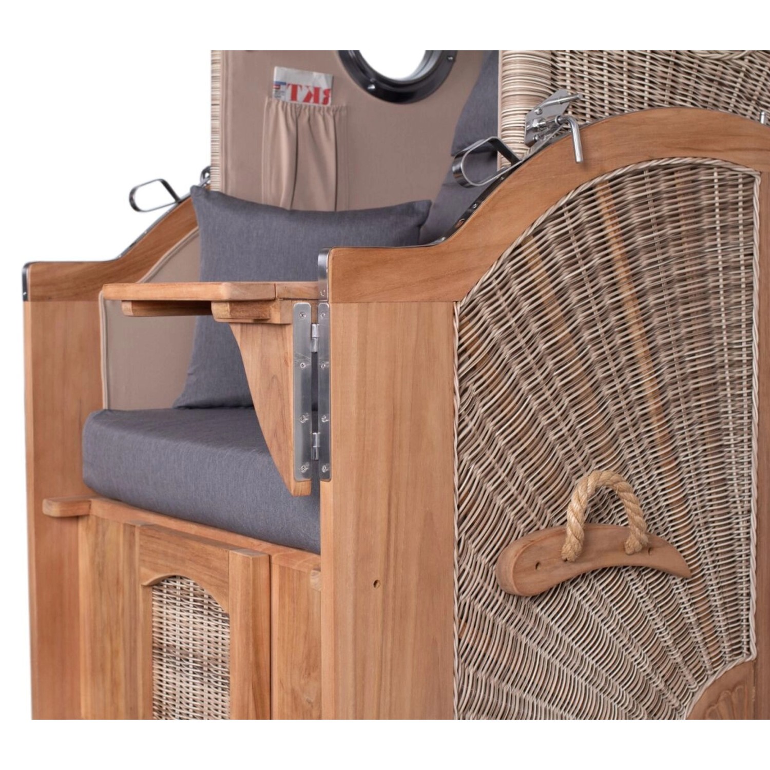 Detailansicht: Teak Strandkorb Ammersee Single mit Bullauge, PE-Geflecht Shell, inkl. Zubehör.