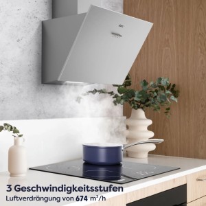 CIARRA Kopffrei Dunstabzugshaube, hellgrau, in moderner Küche über Kochfeld mit Dampf. 3 Stufen, LED-Licht.