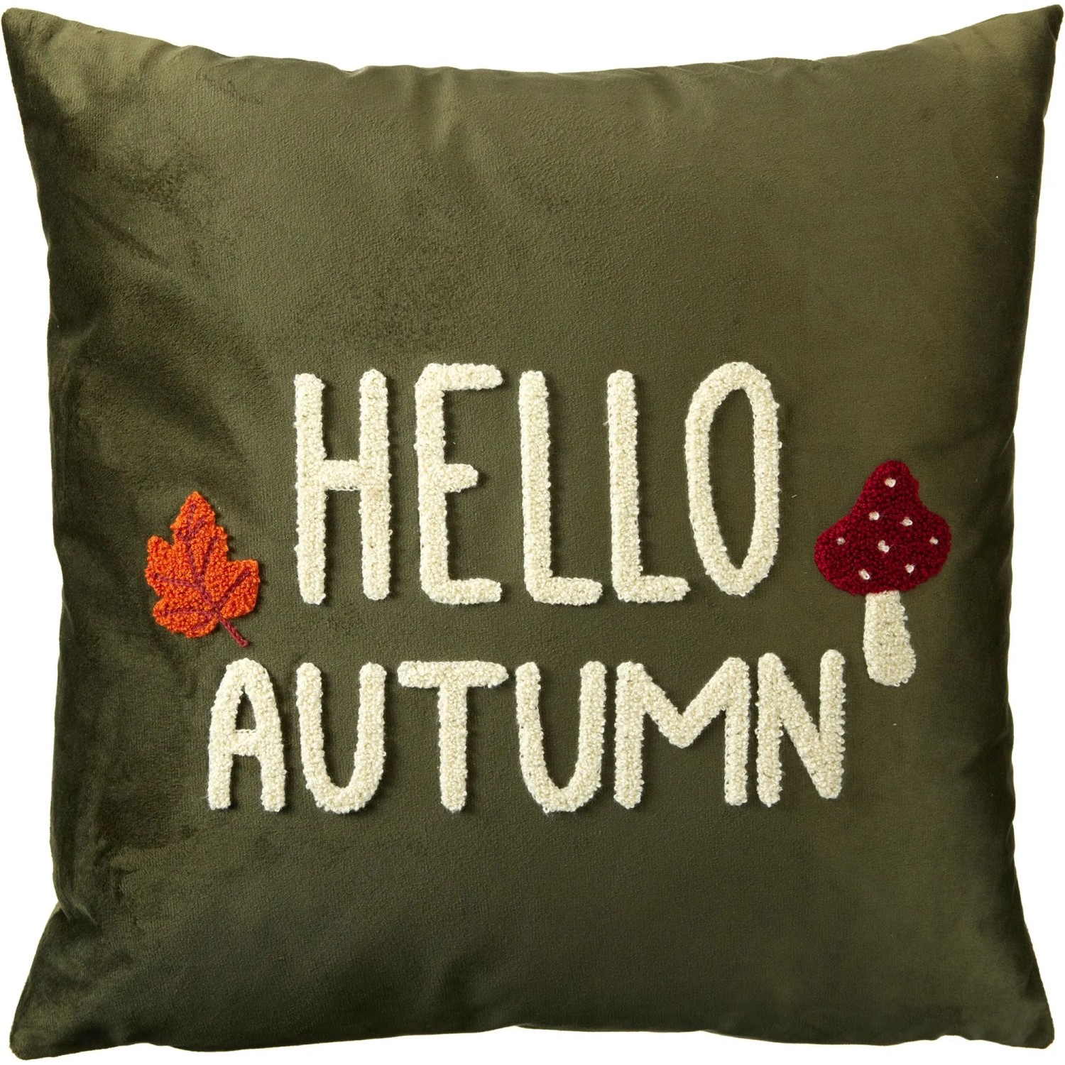 Olivgrünes Samt-Kissen 45x45 cm mit gesticktem "HELLO AUTUMN", Ahornblatt & Pilz. Für Herbstdekoration.
