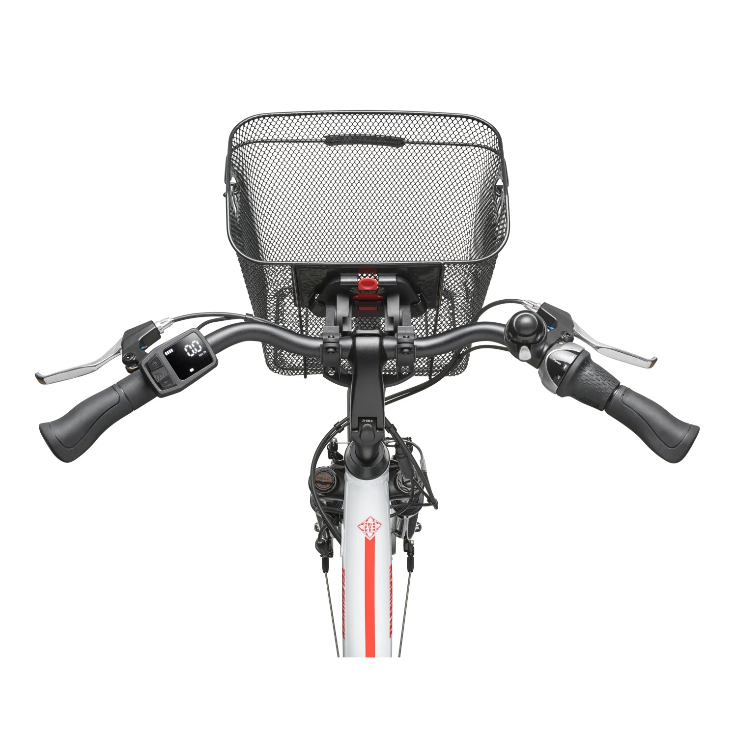 Telefunken City E-Bike: Lenkeransicht mit Korb, Display und Bedienelementen.