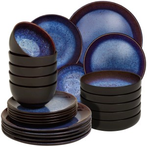 24-teiliges Tectake Tafelservice Mare für 6 Personen. Blau-braunes Steingut Geschirrset mit maritimem Design.