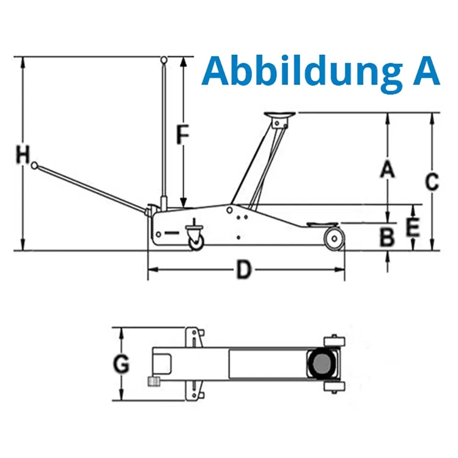 Skizze des Güde Rangierwagenheber GRH 2/330 L 2 t mit Maßangaben.