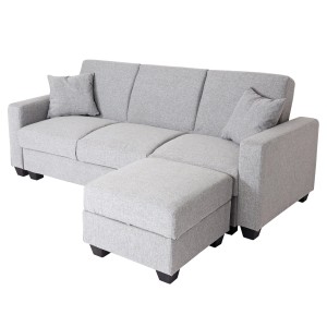 Helles, graues MCW Sofa mit Ottomane, Stoffbezug und zwei Kissen. Gemütliche Couch mit Schlaffunktion.