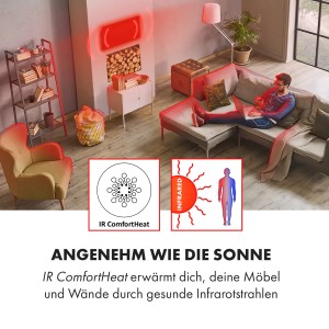 Klarstein Wonderwall 30 Infrarotheizung als Heizpanel an Wand, strahlt Wärme in modernes Wohnzimmer. Mann entspannt.