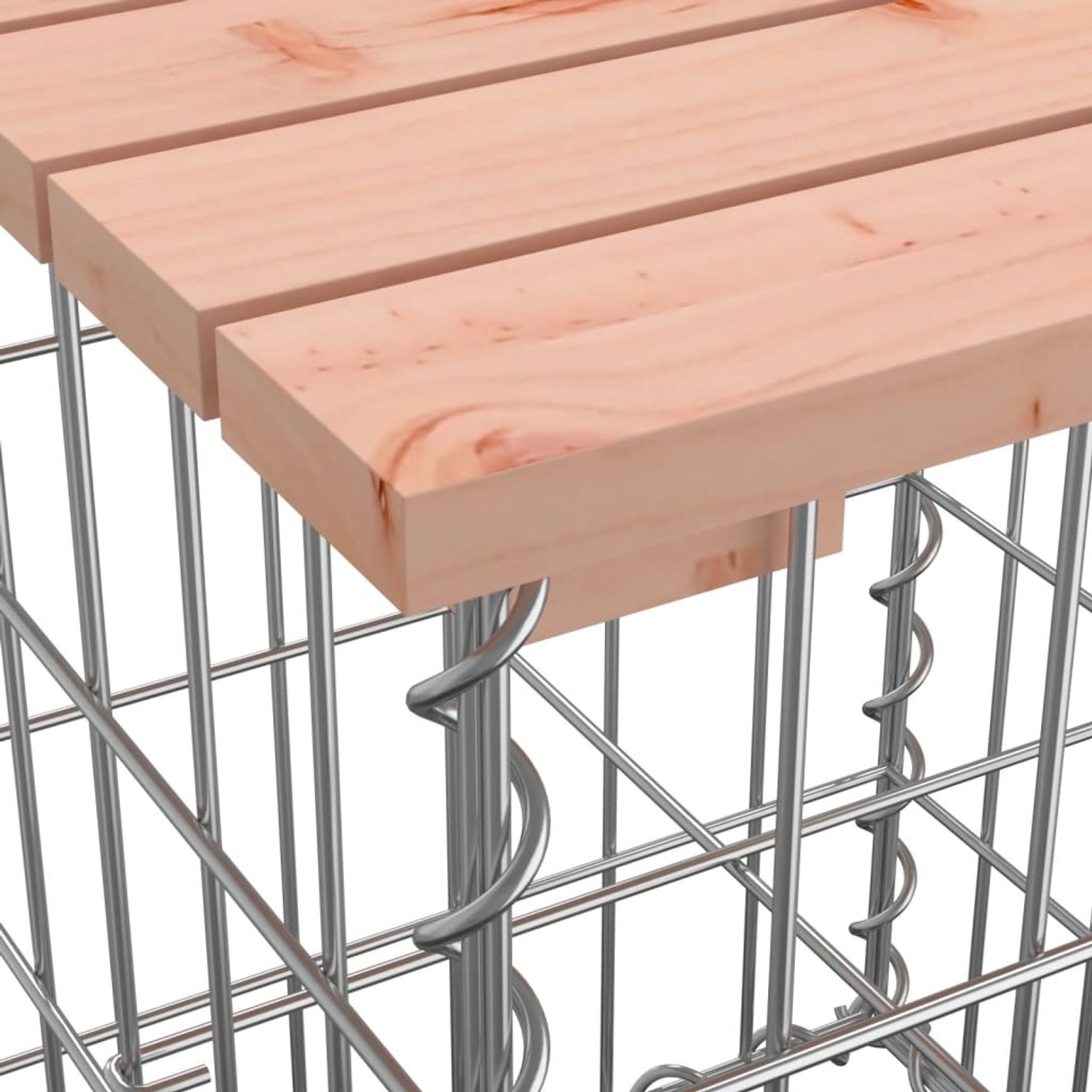 Detailansicht der VidaXL Gartenbank: Douglasienholz-Sitzfläche auf Gabionen-Gestell.