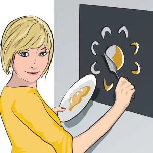 Frau verwendet Marabu Schablone Half Moon für Wandgestaltung.