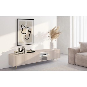 TV-Lowboard Bello 175 cm, graubeige, mit Lamellenfronten und goldenen Beinen in modernem Wohnzimmer.