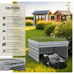 Tectake Rasenmäher Roboter Garage Hortus aus Kiefernholz, grau, mit bepflanztem Dach und Rasenmäher Roboter.