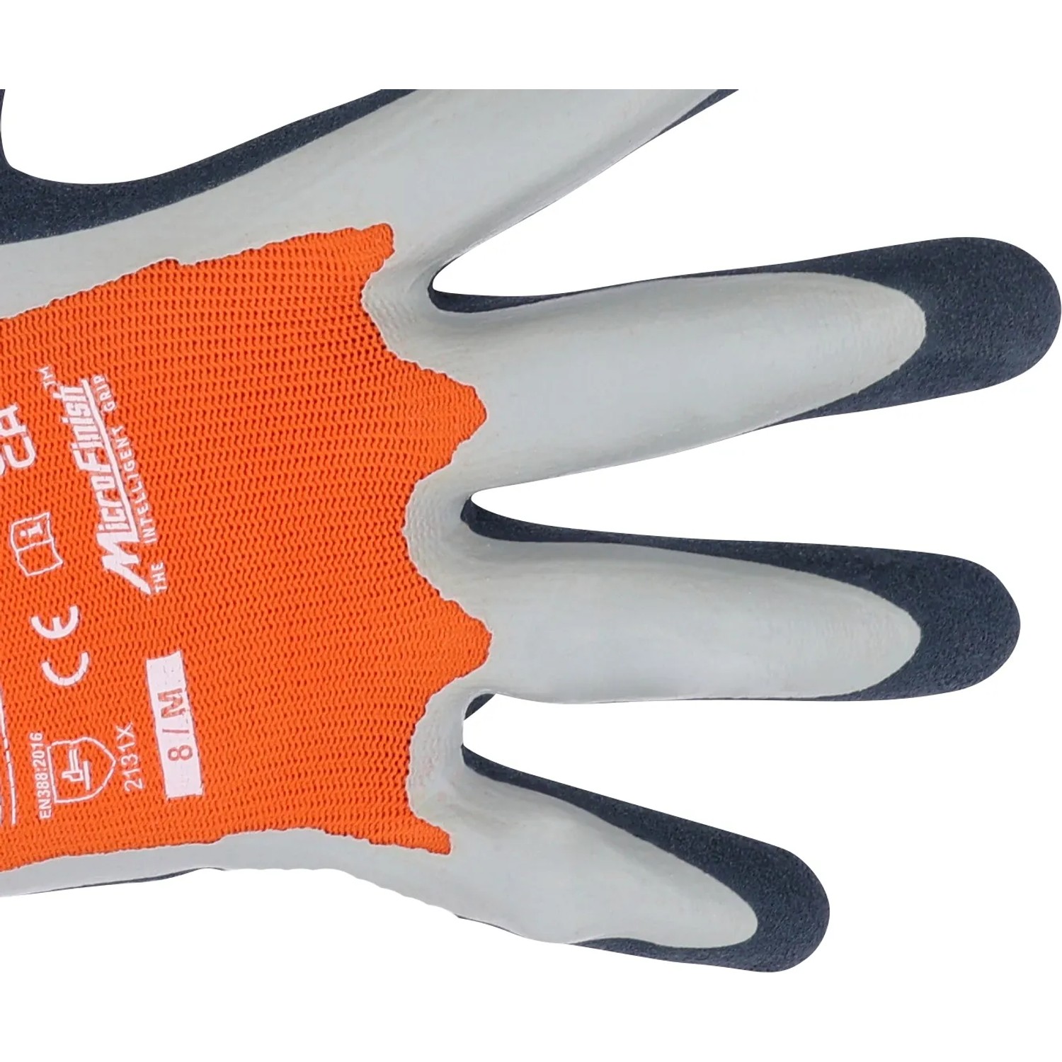 Detailansicht: LUX Arbeitshandschuh Super Grip Gr. 9, orangefarbene Handfläche, graue Fingerkuppen.