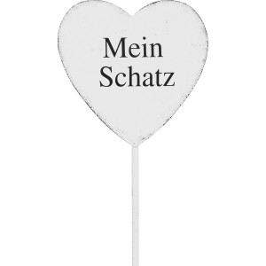 Antikweißer Gartenstecker in Herzform mit Schriftzug "Mein Schatz", 35 cm hoch.