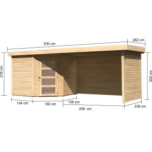 Karibu Holz-Gartenhaus Linköbing mit Pultdach, unbehandelt, mit Maßangaben.