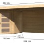 Karibu Holz-Gartenhaus Linköbing mit Pultdach, unbehandelt, mit Maßangaben.