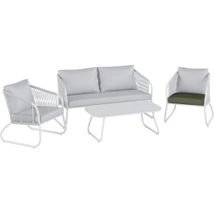 Scafford Lounge-Set: Sofa, Sessel und Tisch mit olivfarbenem Ersatz-Sitzkissen.
