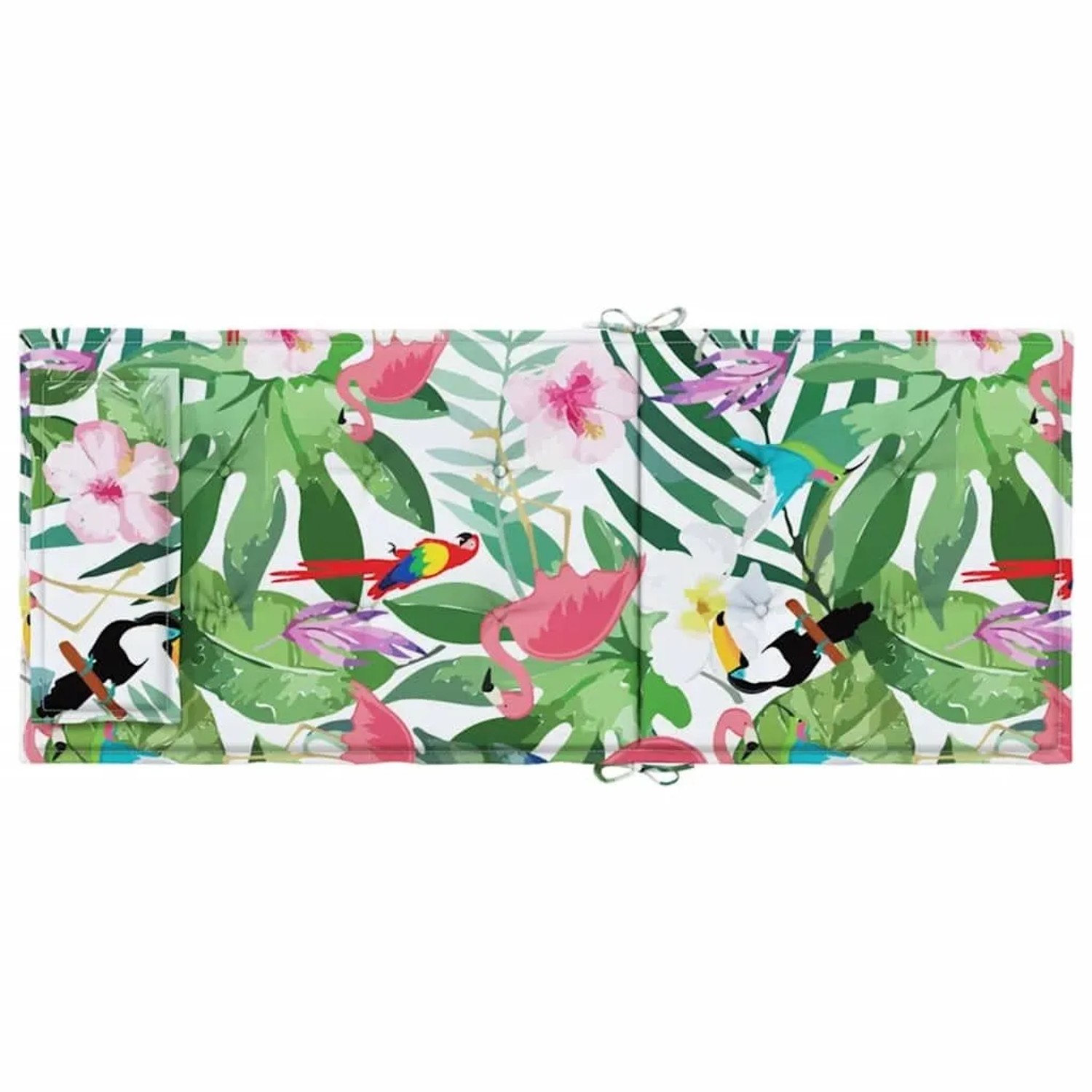 Mehrfarbige Hochlehner-Auflagen (6 Stk.) mit tropischem Vogel- und Blumenmuster.