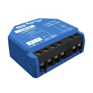 Blaues Shelly Relaismodul Gen3 für die Hausautomation mit potentialfreien Kontakten.