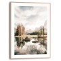 Gerahmtes Bild Bergsee, 40x30 cm, beige. Wandbild mit See, Bergen und Bäumen im Holzrahmen.