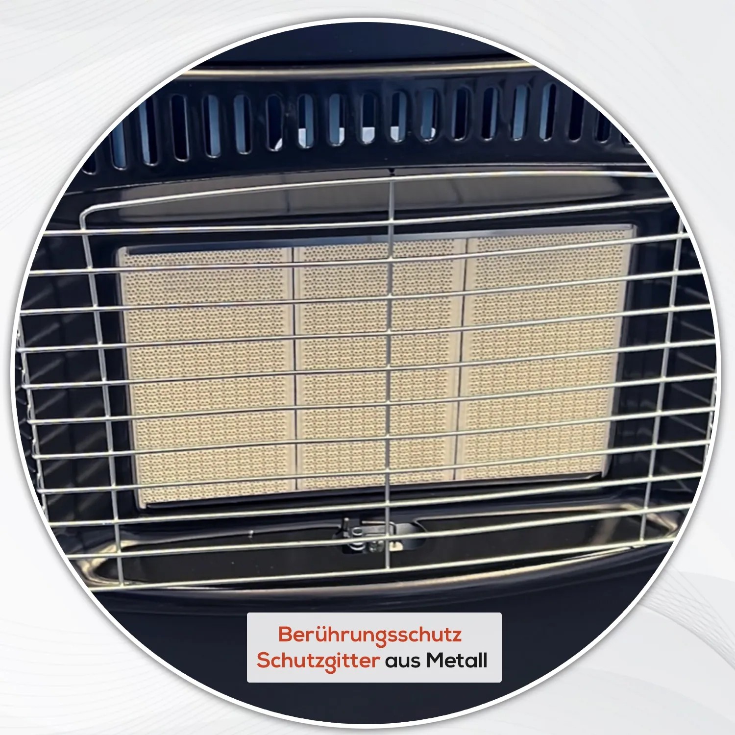 Detailaufnahme: TroniTechnik Gasheizer mit Schutzgitter. Gasheizung für Innenräume.