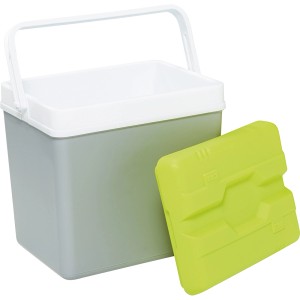 Kühlbox, 24 Liter, perlgrau und grün, mit Tragegriff und Kühlakku.