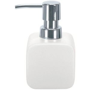 Weißer, eckiger Kleine Wolke Seifenspender Cubic aus Steinzeug mit Chrom-Pumpe.