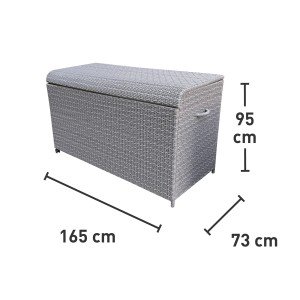 Kissenbox Vermont Cloud aus Polyrattan mit Maßangaben für Gartenmöbel.
