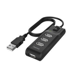 Schwarzer Hama USB-Hub mit 4 Ports und Ein-/Ausschalter für Computerzubehör.