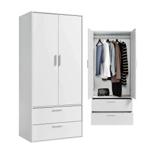 Weißer mokebo Kleiderschrank mit 2 Türen und Schubladen, teilgeöffnet mit Kleidung.