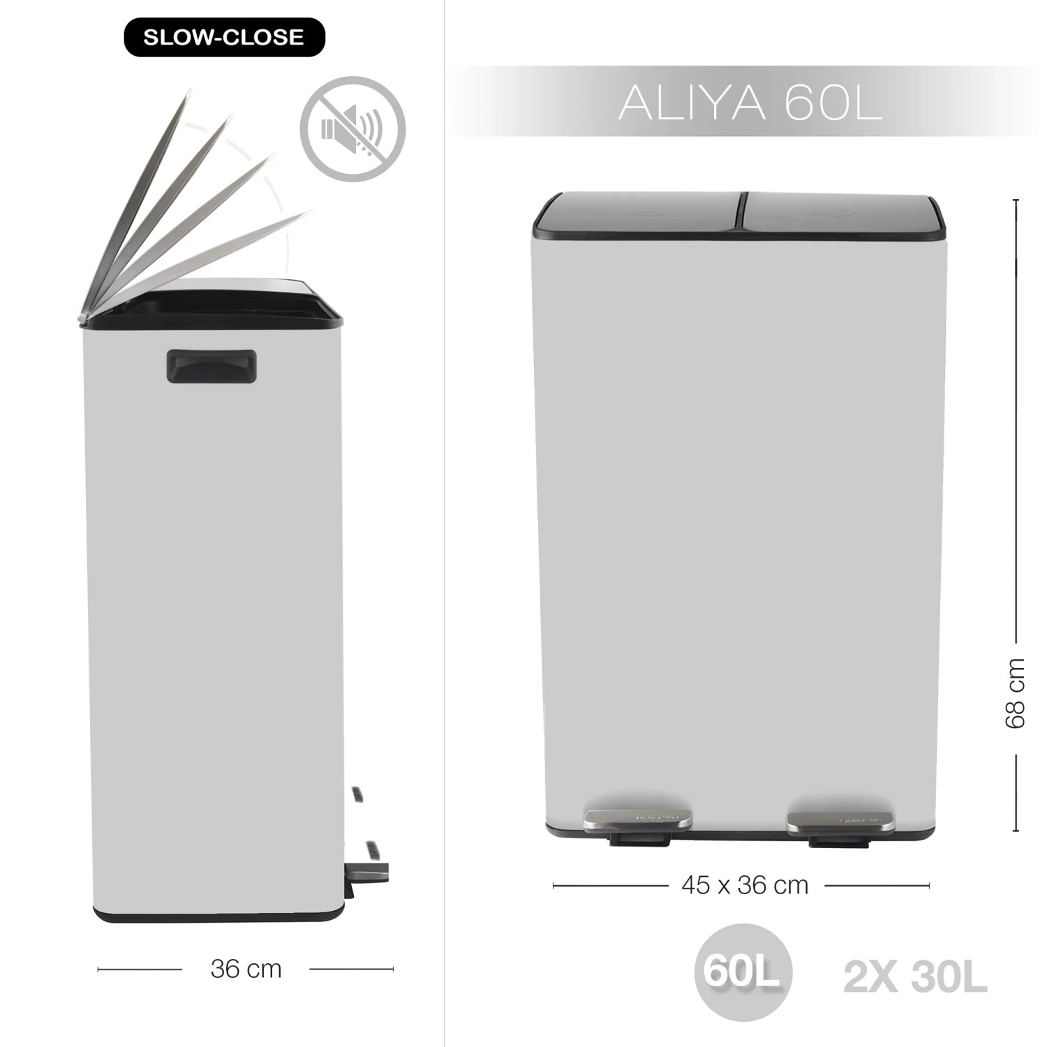 Spirella Kosmetikeimer Aliya, 2x30L, weiß matt, mit Soft-Close-Deckel und Pedal für Mülltrennung.