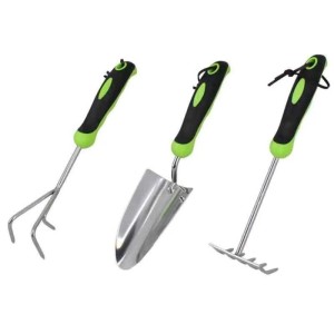 Galaflor 3-teiliges Gartenhandgeräte Set: Blumenkelle, Handgrubber, Handrechen aus Edelstahl mit schwarzen/grünen Kunststoffgriffen.