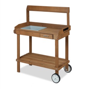 Brauner Relaxdays Pflanztisch aus Holz mit integrierter Kunststoffwanne, Schublade, Ablagen und Rollen für den Garten.