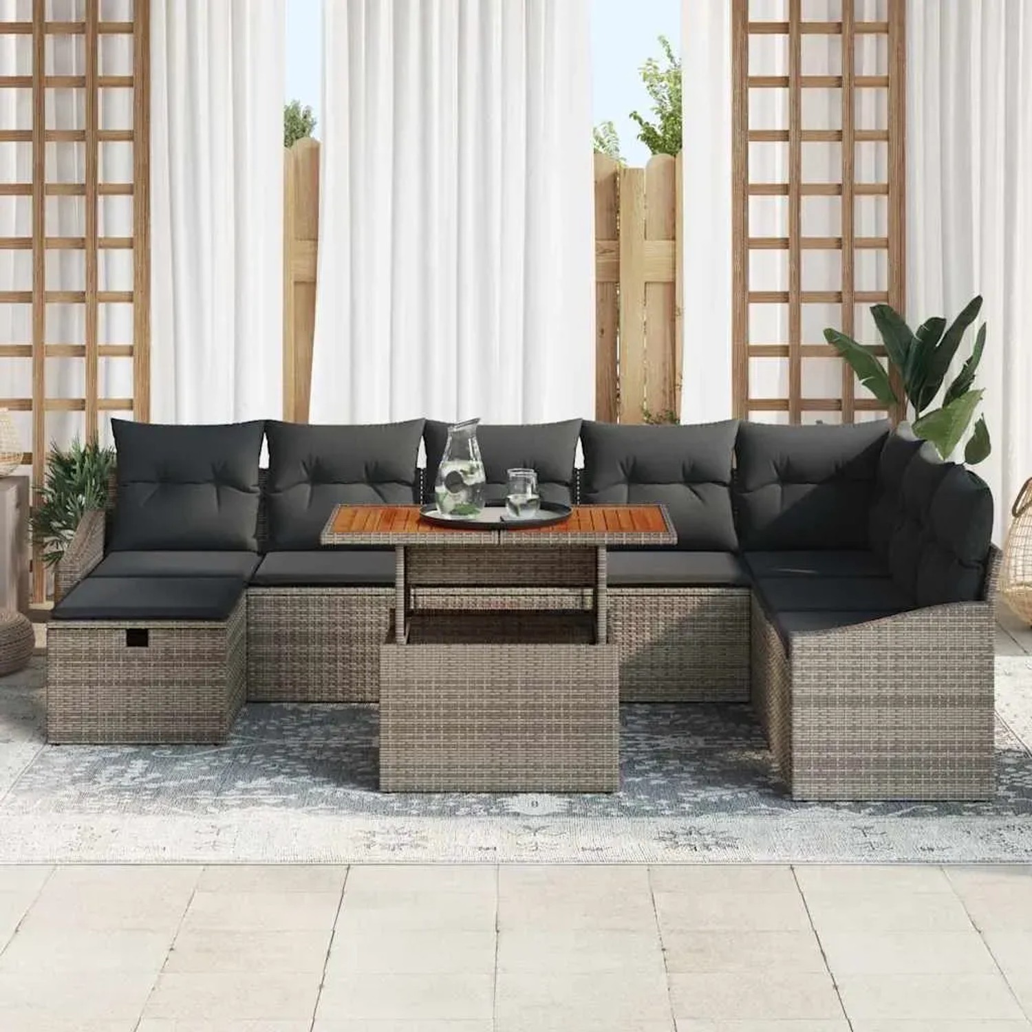 Graues 9-teiliges vidaXL Garten-Sofa-Set aus Polyrattan mit Kissen und Stauraum.
