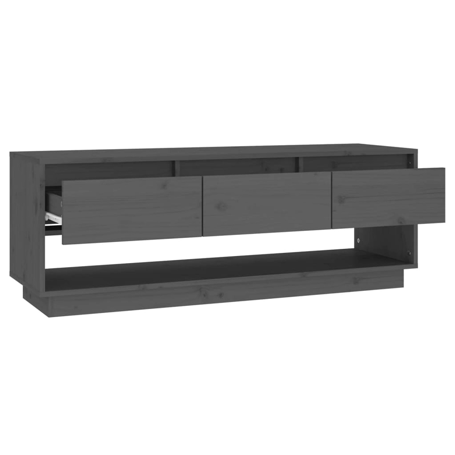 VidaXL TV-Schrank, grau, 110,5x34x40 cm, Kiefer Massivholz mit drei Schubladen.