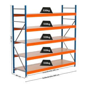 PROREGAL Weitspannregal MAXIMUS PRO Grundregal, 250x250x80cm, mit 5 Spanplatten-Fachböden, blau/orange.