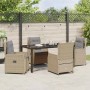 Beige 5-teilige Garten Essgruppe aus Poly Rattan mit Tisch und 4 Stühlen.